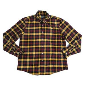 LL Bean Men's Large Flannel Oxford Shirt Slim Fit Yellow Red Black Check Plaid